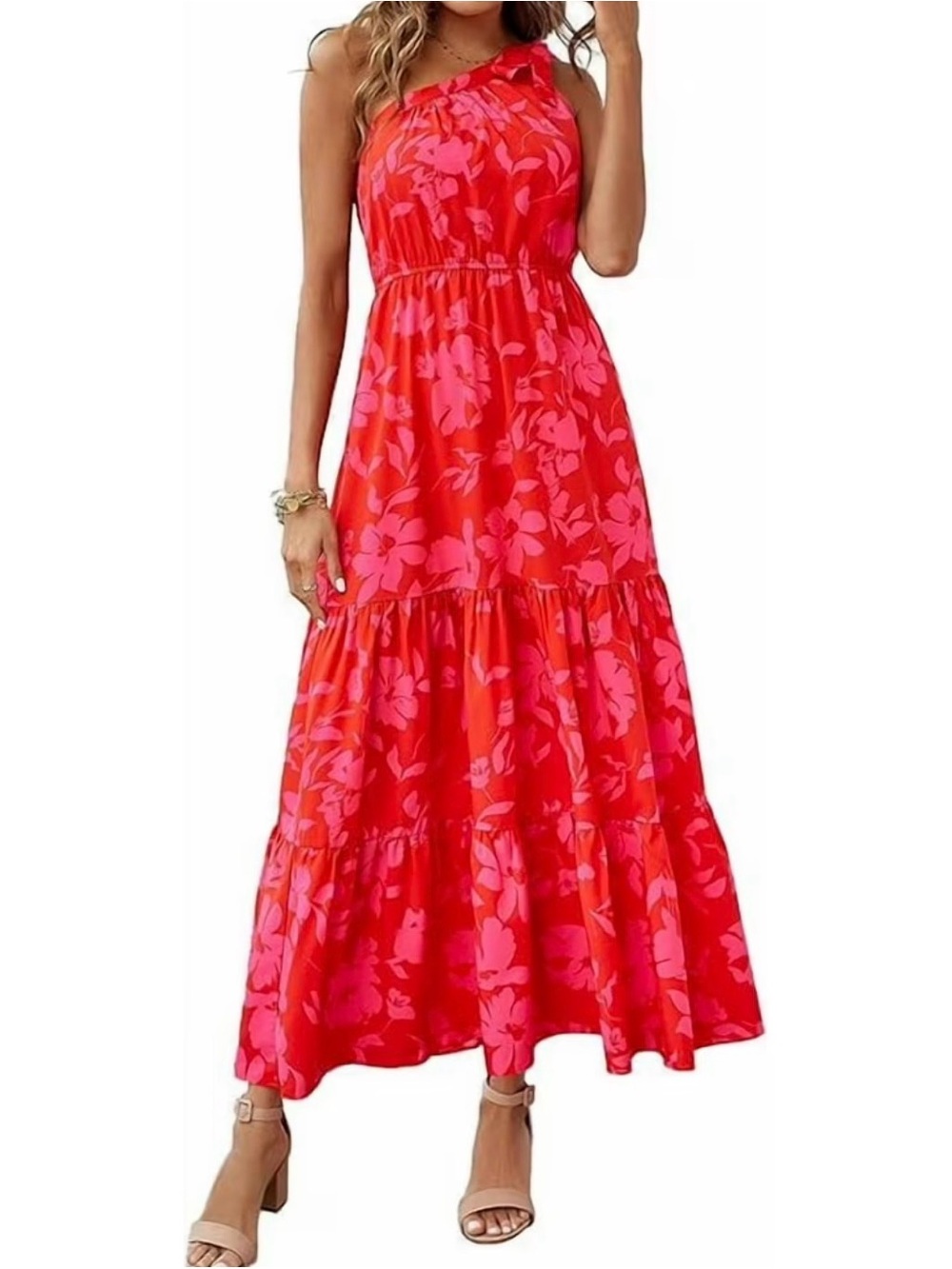 One-Shoulder Floral Maxi Dress in Red and Pink